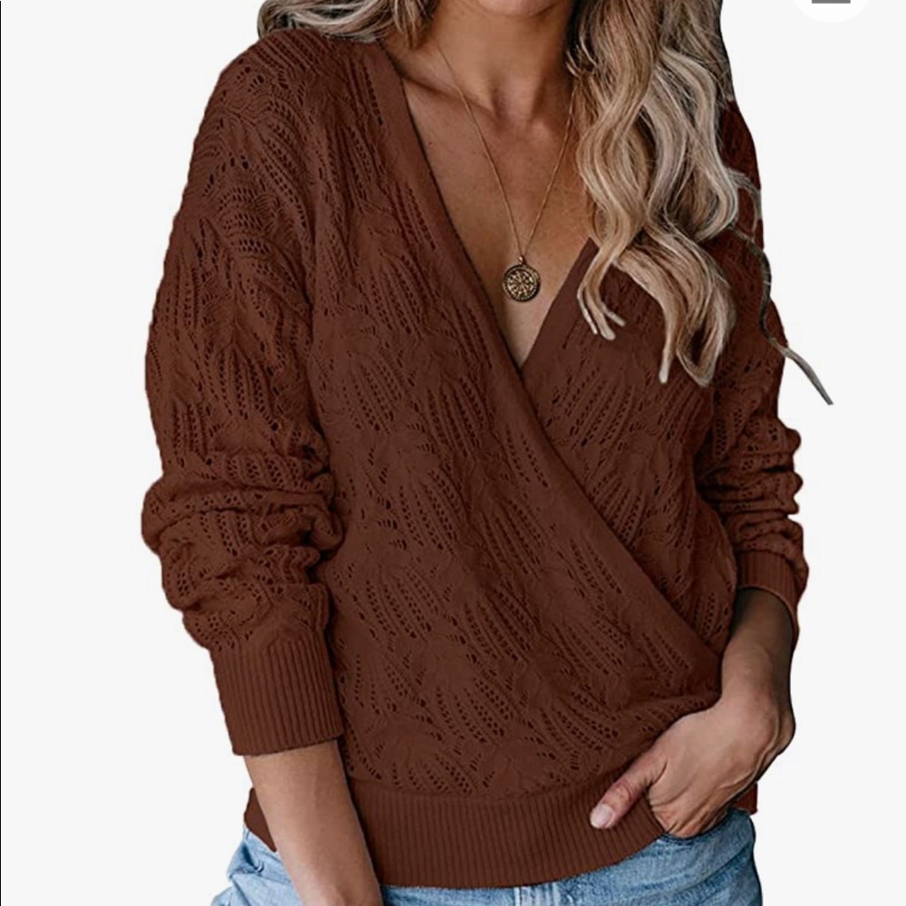 NWT Deep V Neck Wrap Sweaters Long Sleeve Crochet Knit Pullover Tops - Picture 2 of 5